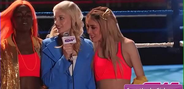 Naughty lesbian girls Ariel X, Sinn Sage enjoy wrestling in the ring hardcore style